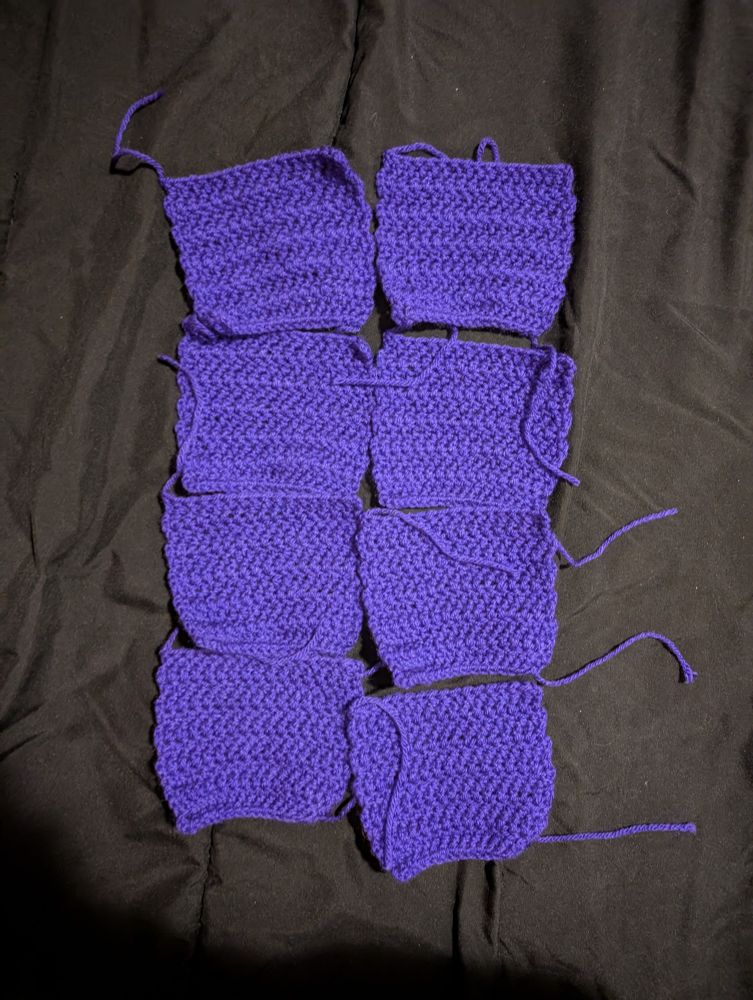 8 purple crochet squares