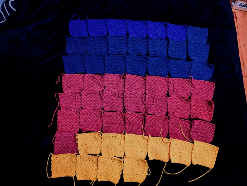 Squares. 6 purple, 15 blue squares, 22 burgundy and 10 yellow squares