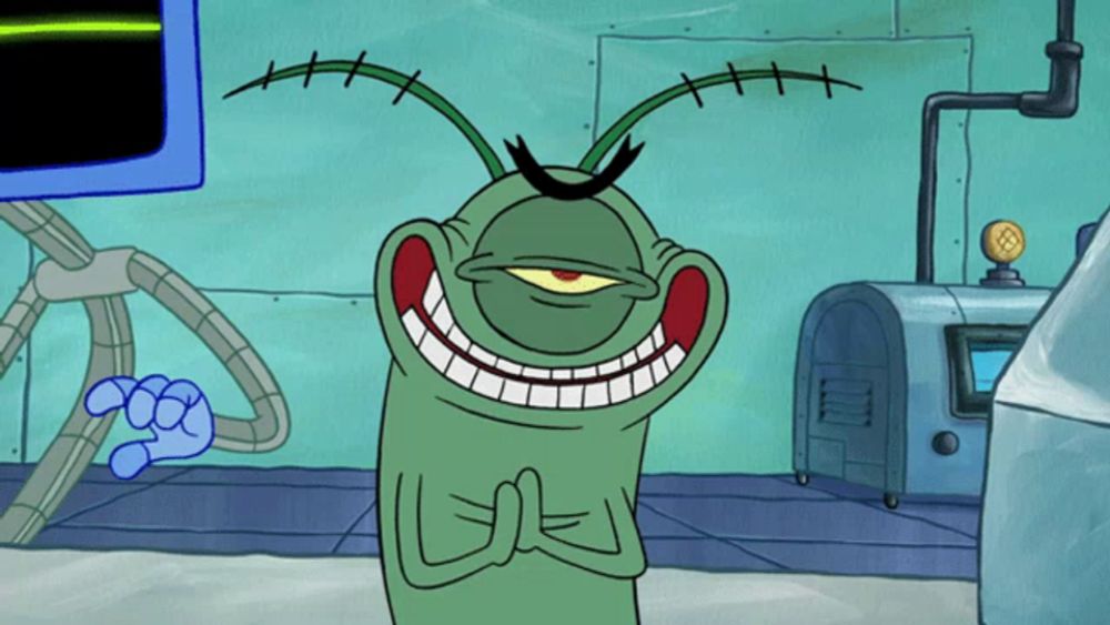 plankton from spongebob squarepants is smiling with his eyes crossed