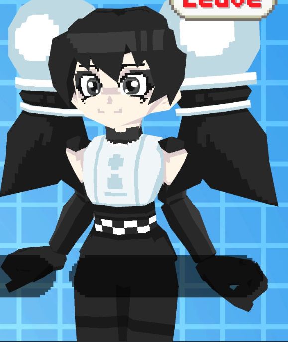 An androgynous low poly character wearing white and black clothes, with chess-pawn shaped hairties 
