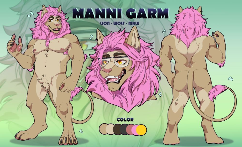 Reference sheet for a wolf/lion hybrid character with brown fur and pink mane