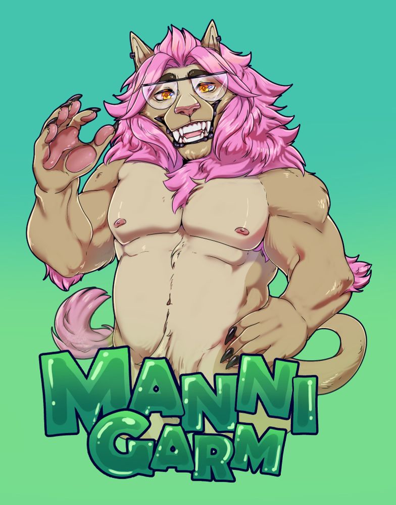 Artwork of a smiling pink manned brown furred Wolf/Lion hybrid called Manni Garm waving hello 