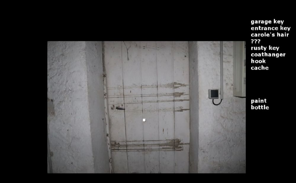 inventory:
garage key
entrance key
carole's hair
???
rusty key
coathanger
hook
cache




paint
bottle