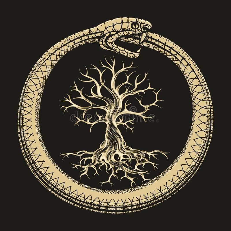 ouroboros serpent se mordant la queue encerclant un arbre de vie