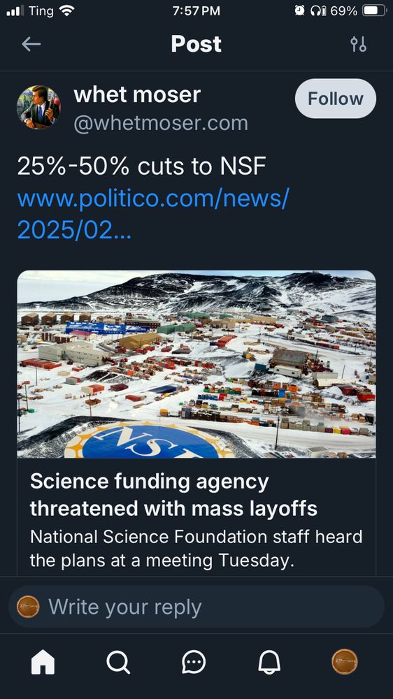 A screenshot that explains that the National Science Foundation will be facing “mass layoffs” on the order of 25 to 50%.