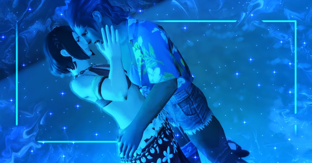 video game ocs from critically acclaimed mmorpg, a pale freckled hyur woman in a bikini top and floral skirt is held tightly in the arms of her brown roegadyn girlfriend in unbuttoned floral shirt, bikini top, and denim shorts. The scene is filtered and edited into a moody glowy twinkling blue, showing the pair are embracing in waters with an active bioluminescent algae bloom.
