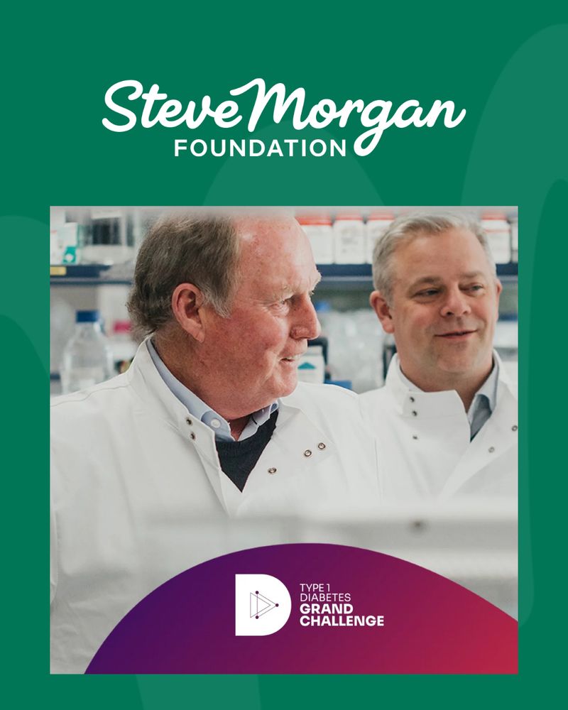 Photo of two males in lab coats with Type 1 Diabetes Grand Challenge logo and Steve Morgan Foundation logo