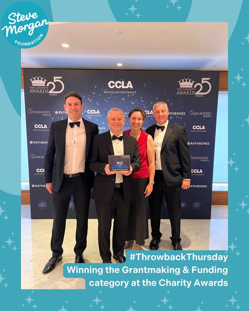 A photo of Liam & Paul from SMF with Graeme Duncan from Right to Succeed & Sarah Payne from @UBS collecting the Charity Award for the Grantmaking & Funding category 