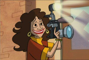 An animated version of Allyce Beasley holding a video camera on Johnny Bravo. 