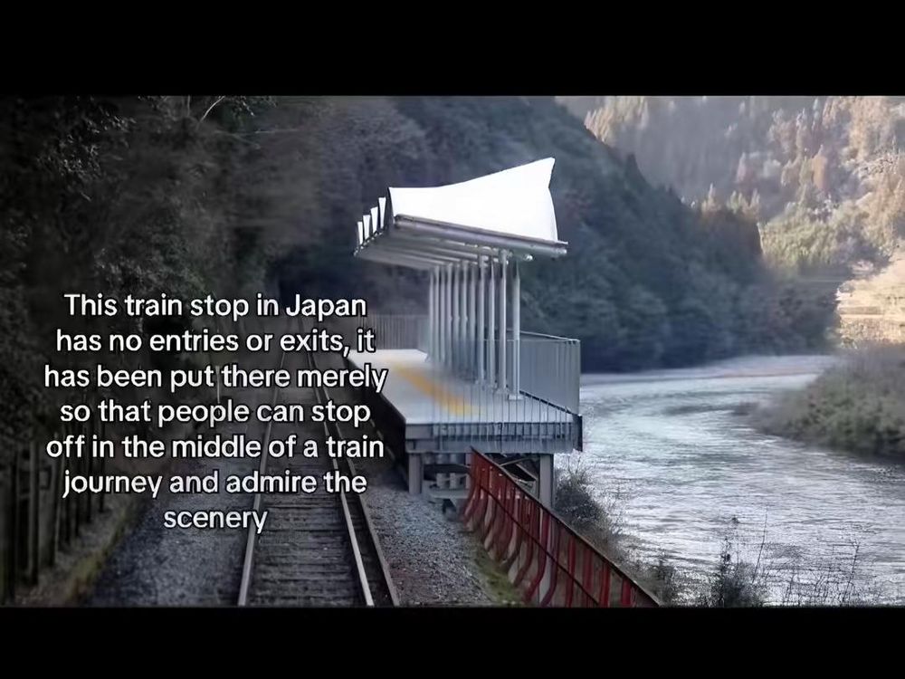 Isolated riverside train stop in Japan (author unrecorded: contact for rightful attribution).