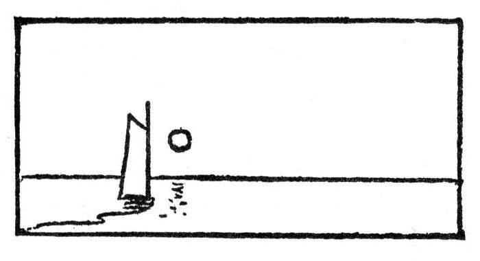 minimal drawing of a sailing ship going towards the sun and horizon (author unknown -- please inform for attribution)