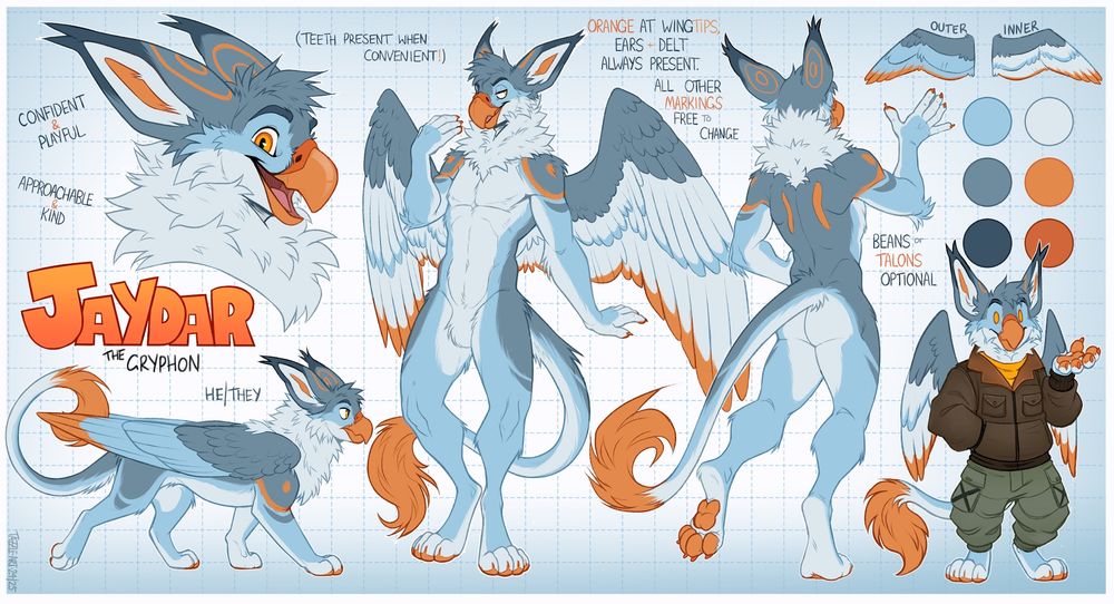 Ref sheet for Jaydar the gryphon. He is blue grey, sky blue, and white with orange accents. 