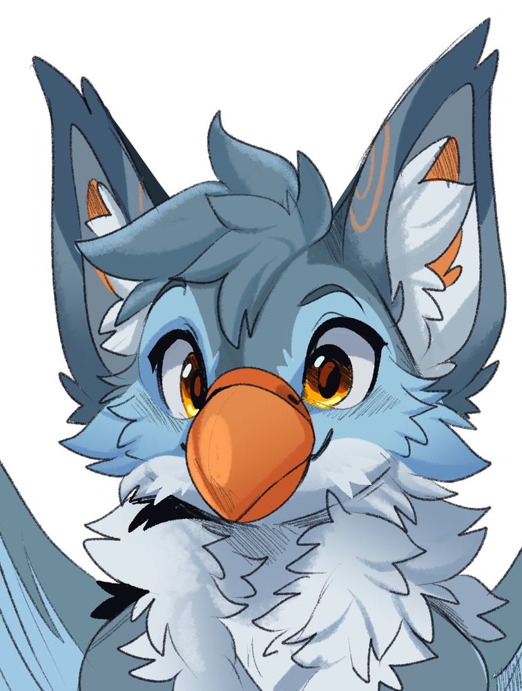 Sketch portrait of Jaydar, the gryphon. They are sky blue, blue-grey, cream, and orange accents.