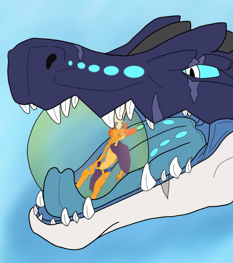A kobold inside of a barrier which is being chomped on by a crocodragon. They are in a large body of water, presumably the ocean.