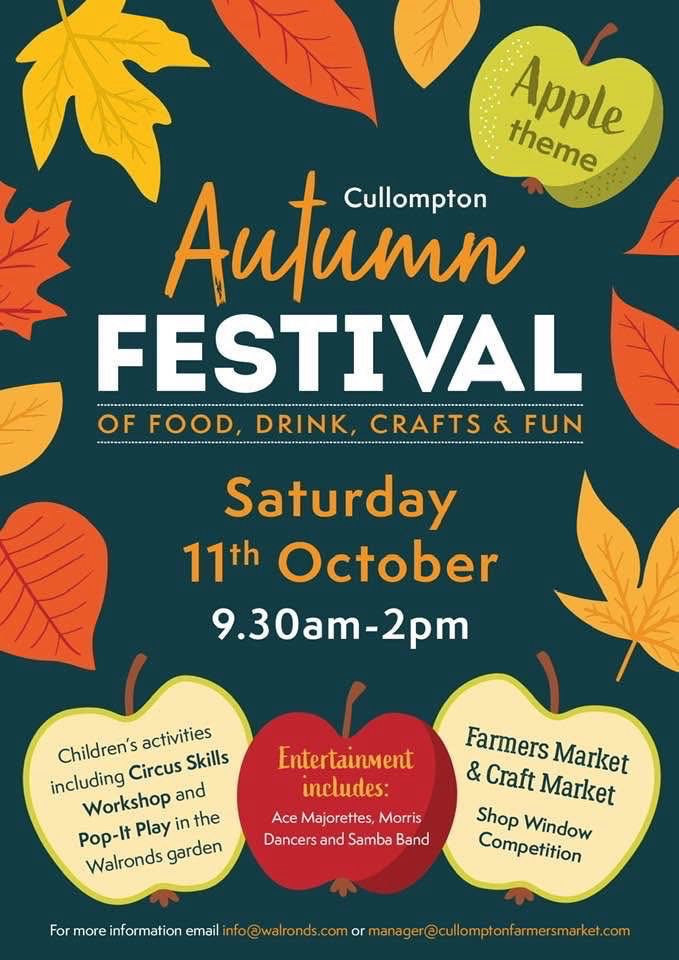 Poster for cullompton autumn festival Sat 11th Oct , 9.30-2 free parking, farmers market kids factories and much more. 