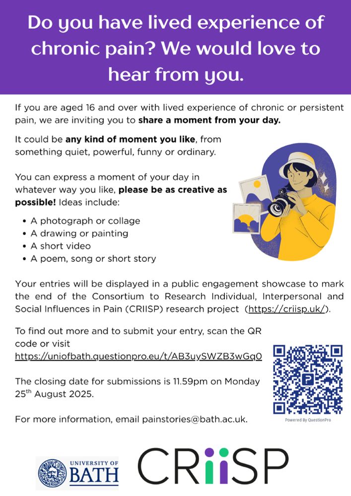 A digital poster with a soft, calming background invites people aged 16 and over with lived experience of chronic or persistent pain to take part in a creative project. The text encourages participants to share a moment from their day in any creative form—such as a photo, collage, drawing, painting, video, poem, song, or short story. Submissions will be showcased as part of the CRIISP research project. A QR code and a link to the submission form are included, along with the deadline: 11:59pm on Monday 25th August 2025. Contact email: painstories@bath.ac.uk.