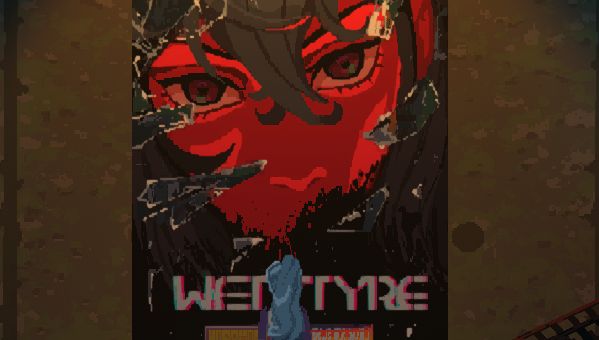 screencap of ANNO:Mutationem featuring an eerie poster. The movie poster contains a red-tinted anime visage staring directly at the viewer. The player character (Ann) is positioned so that she is in the south-margin of the poster, obscuring some of the title