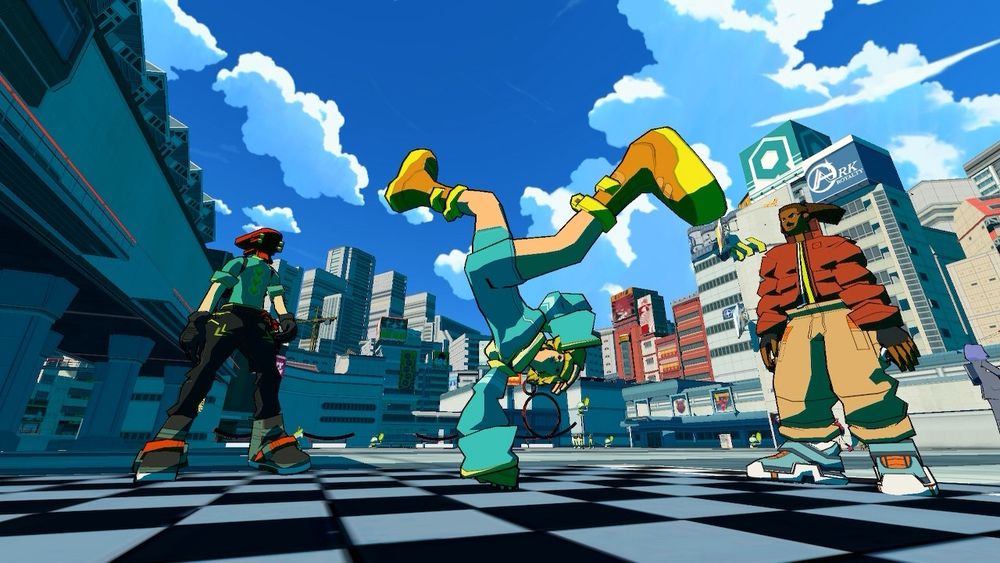 Bel from Bomb Rush Cyberfunk posed in center.