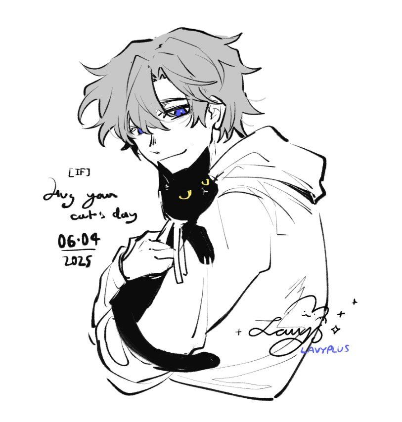 August & Black cat (Shaan? Kaede? Maple? Yoru? whatever he still be a black cat)