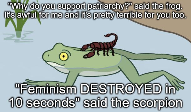 Meme of the scorpion riding on the frog on the river. 

The text reads "Why do you support patriarchy?" said the frog. It's awful for me and it's pretty terrible for you too.

"Feminism DESTROYED in 10 seconds" said the scorpion