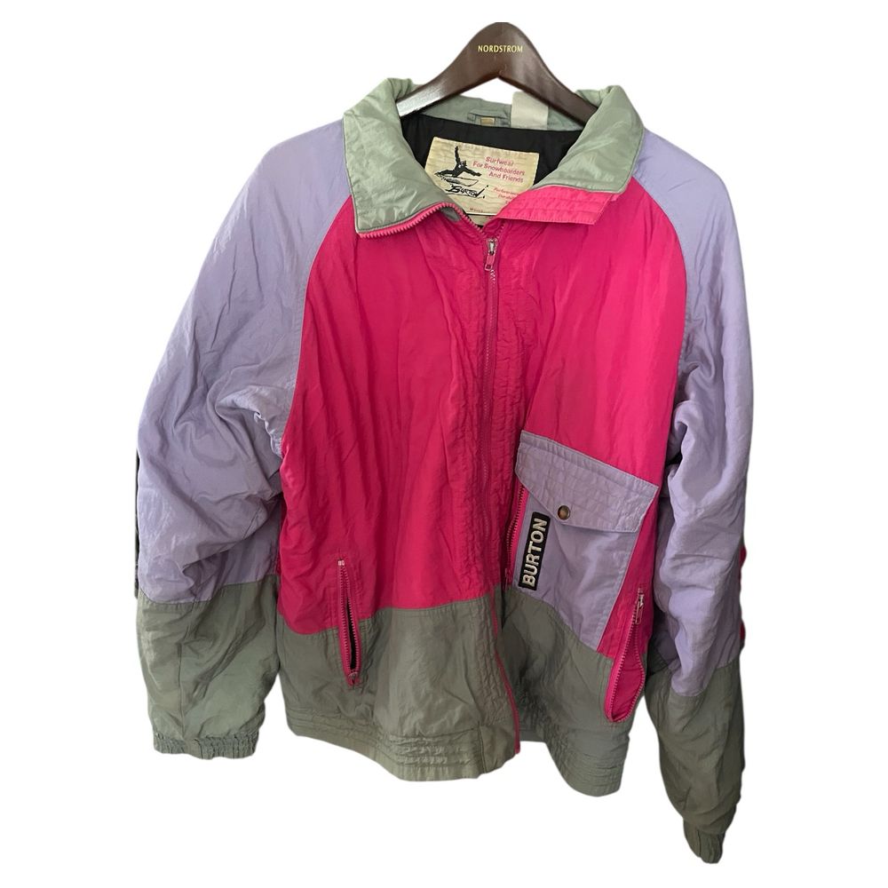 Front of pink, purple and gray snowboard jacket 