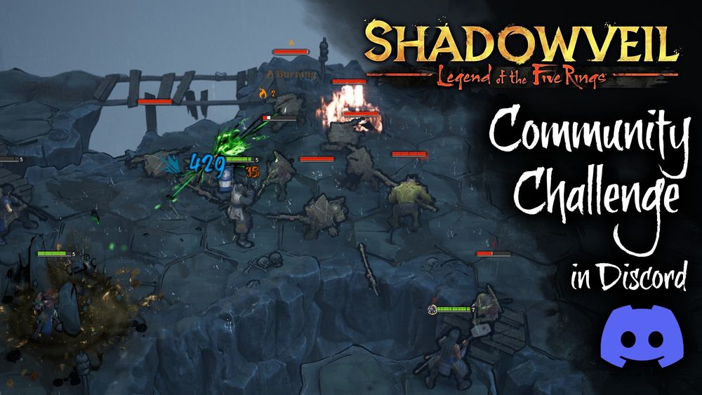Screenshot from Shadowveil: Legend of the Five Rings with text on top advertising the Community Challenge in Discord (with Shadowveil and Discord logos)