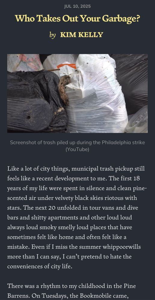 excerpt from Who Takes Out Your Garbage? by Kim Kelly in Flaming Hydra:

Like a lot of city things, municipal trash pickup still feels like a recent development to me. The first 18 years of my life were spent in silence and clean pine-scented air under velvety black skies riotous with stars. The next 20 unfolded in tour vans and dive bars and shitty apartments and other loud loud always loud smoky smelly loud places that have sometimes felt like home and often felt like a mistake. Even if I miss the summer whippoorwills more than I can say, I can’t pretend to hate the conveniences of city life. 
There was a rhythm to my childhood in the Pine Barrens. On Tuesdays, the Bookmobile came,