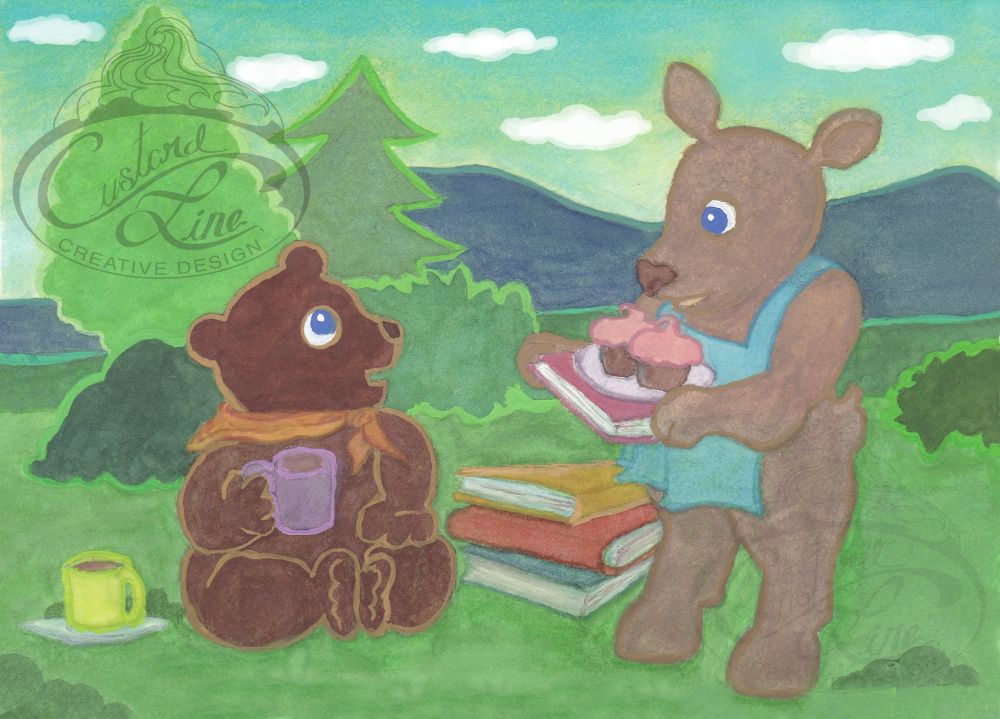 A painting of cute bear and deer friends meeting for tea and books. It is watercolors and gouache. 