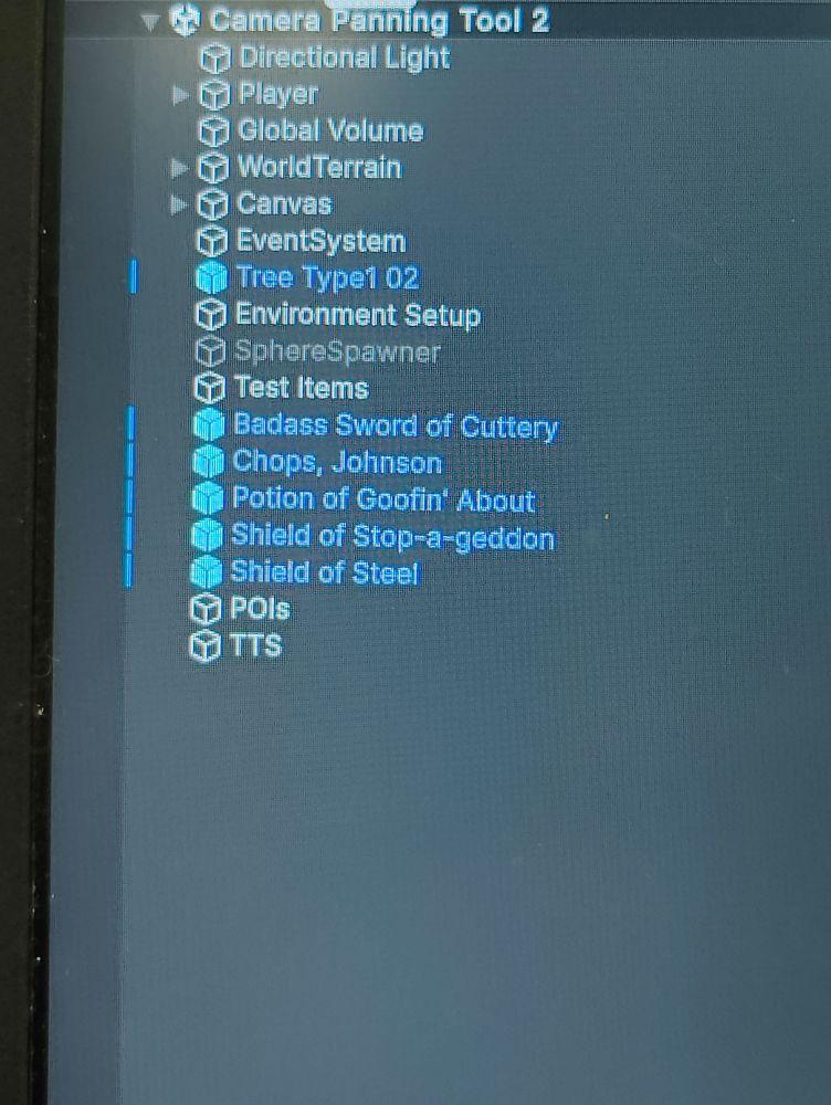 5 items in the Unity game engine. 1) Badass Sword of Cuttery 2) Chops, Johnson 3) Potion of Goofin' About 4) Shield of Stop-a-geddon 5) Shield of Steel