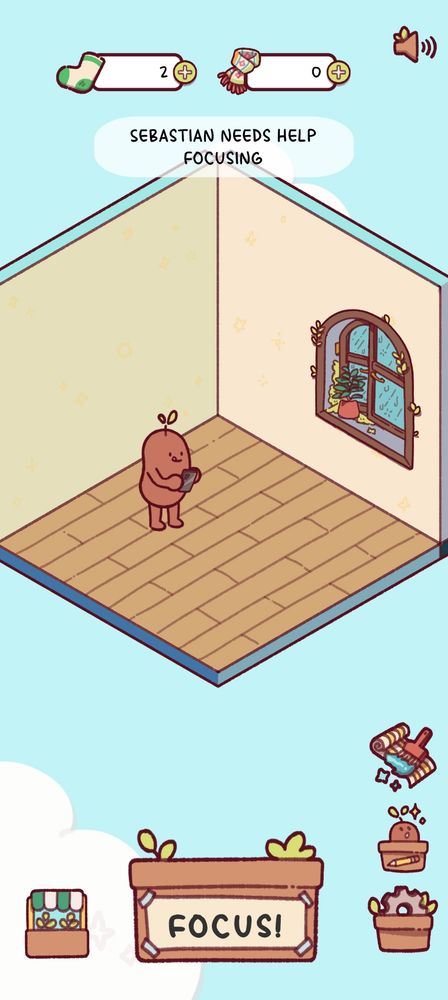 A screenshot from the app Focus Friend. Luke's Pinto Bean named Sebastian stands in a mostly empty room. Having spent all of the socks knitted by Sebastian, there is now a single greenhouse window adorned with foliage on the wall. 