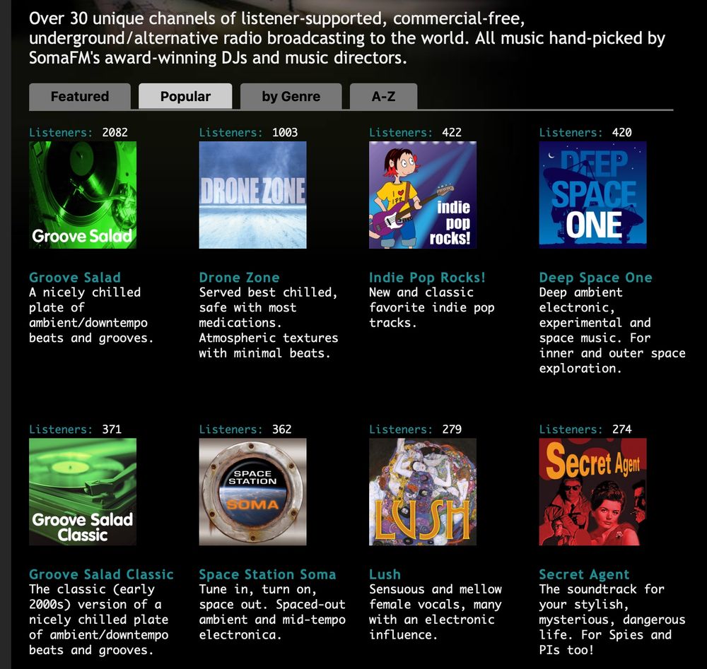 Screen shot of the SomaFM.com website showing 8 of the channels and descriptions and listener counts right now on Aug 5 in the morning US time.   Each channel has a small square image representing the station.   For example Groove Salad shows a turntable playing a record shaded green.

Top reads:   Over 30 unique channels of listener-supported, commercial-free, underground/alternative radio broadcasting to the world. All music hand-picked by SomaFM's award-winning DJs and music directors.

Channels are Groove Salad, Drone Zone, Indie Pop Rocks!, Deep Space One, Groove Salad Classic, Space Station Soma, Lush, and Secret Agent.