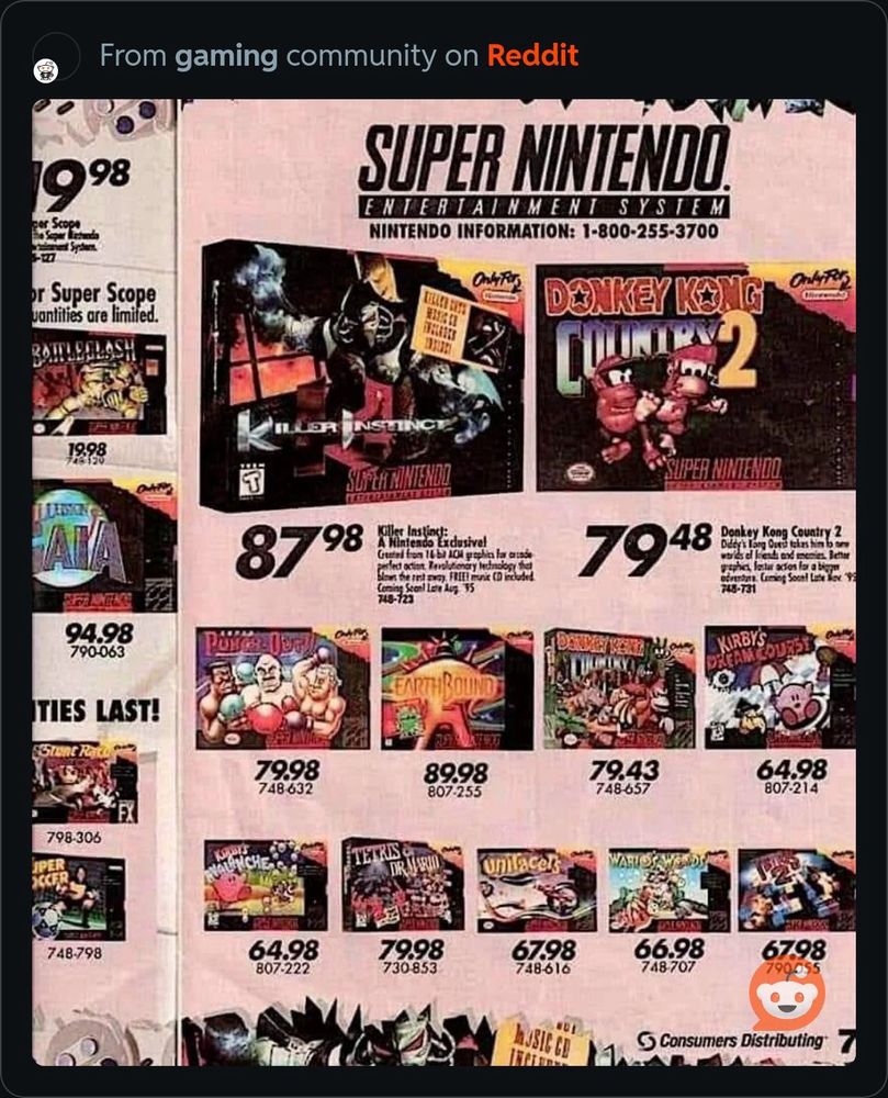 A screenshot of prices of Super Nintendo games from the 90s ranging from $64-87 USD.