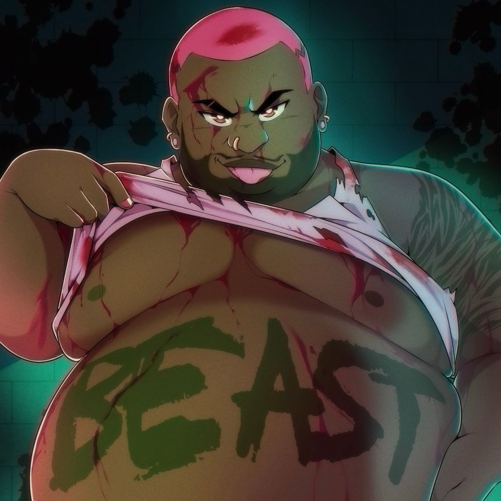 A drawing of a chubby man with pink hair lifting up his shirt with the word BEAST on his belly”.