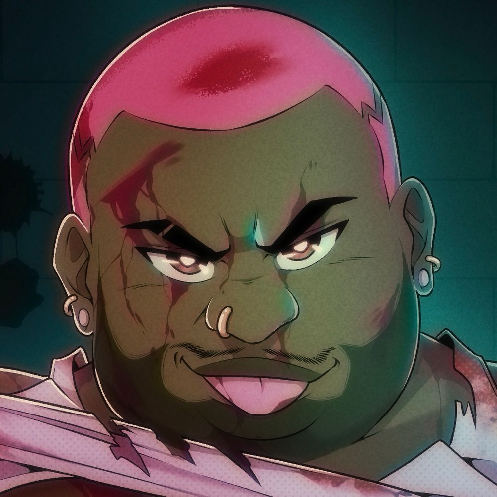 Close up of a guy with pink hair sticking his tongue out covered in blood.