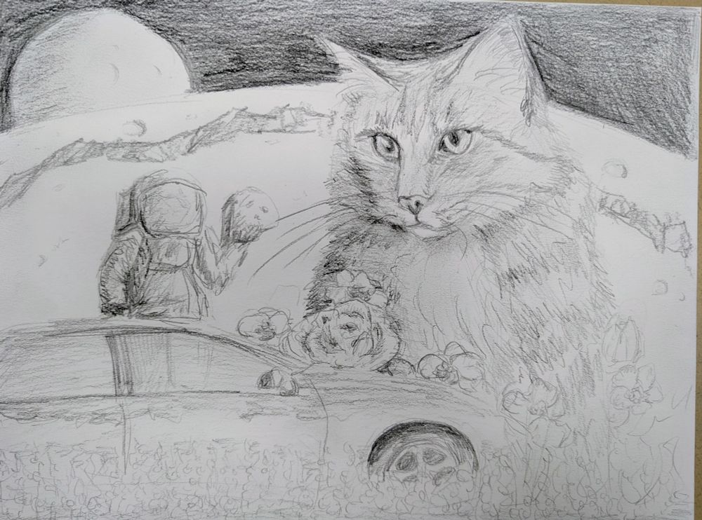 Pencil sketch of a giant cat on a moon with another moon in the background. She's looking at an astronaut who is standing in the sunroof of what may be a Ford Taurus converted to a lunar rover. He's holding a giant wedge of cheese out toward the cat. Also the car is surrounded by giant flowers and there's a field of smaller flowers in the foreground 
