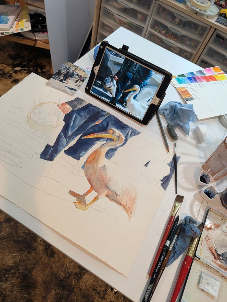 Partially complete watercolor with a pelican and legs from two fishermen wearing jeans