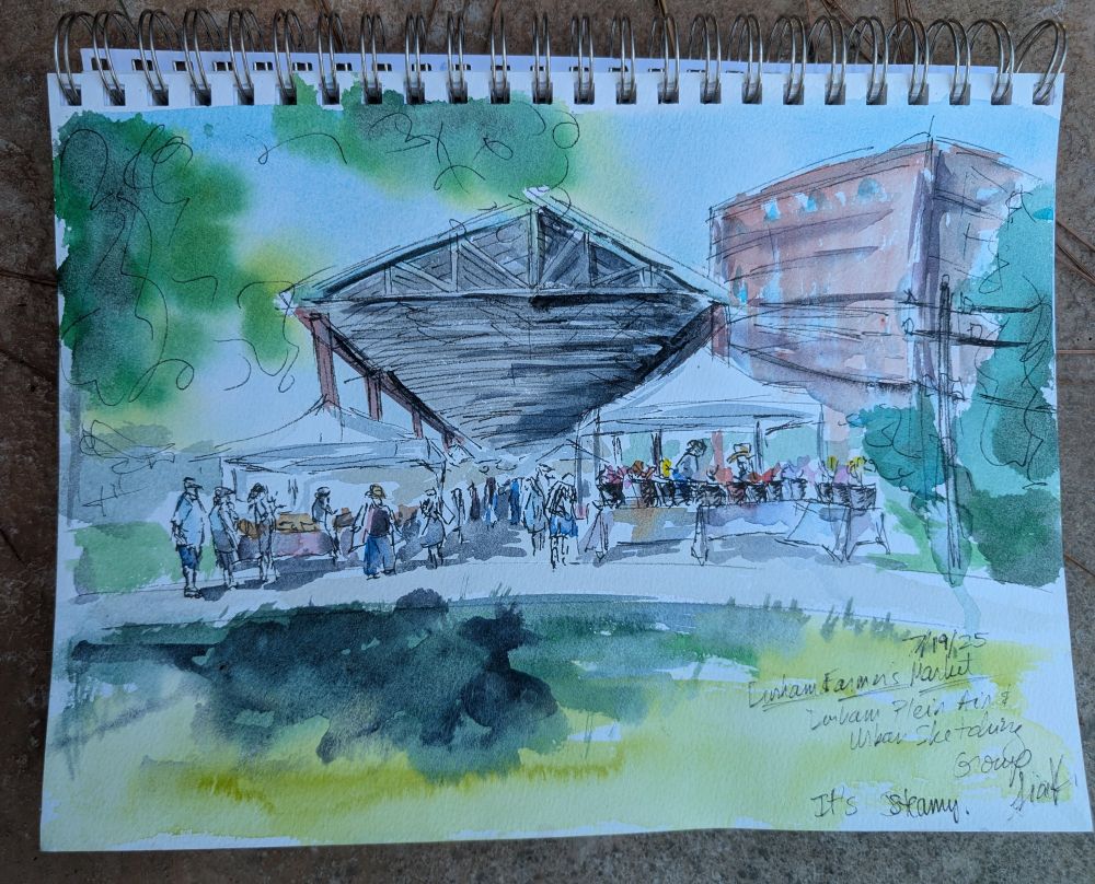 Watercolor of a covered Farmer's Market 
