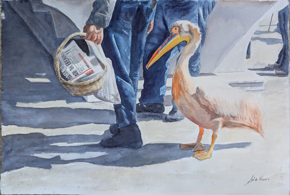 Watercolor of a pelican and the legs of two fish market men in jeans. One is holding a basket of newspaper -covered fish