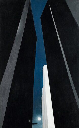 Landscape. Urban. Architecture.
Georgia O‘Keeffe produced more than twenty scenes of New York City between 1925 and 1930. Here, the power and presence of the modern era are epitomized in the city’s thrusting architecture. During the first half of the 1900s, skyscrapers came to exemplify U.S. ingenuity. O’Keeffe reduced these immense buildings to simple geometric forms that converge in the upper reaches of the dark canvas, towering even above the moon. She places the viewer between these architectural giants. We might feel small in their midst, forced to crane our necks skyward to take it all in, or we might marvel at the staggering feats of engineering that soar above our heads. The brightly glowing moon offers a round contrast to the super-straight lines of the city.