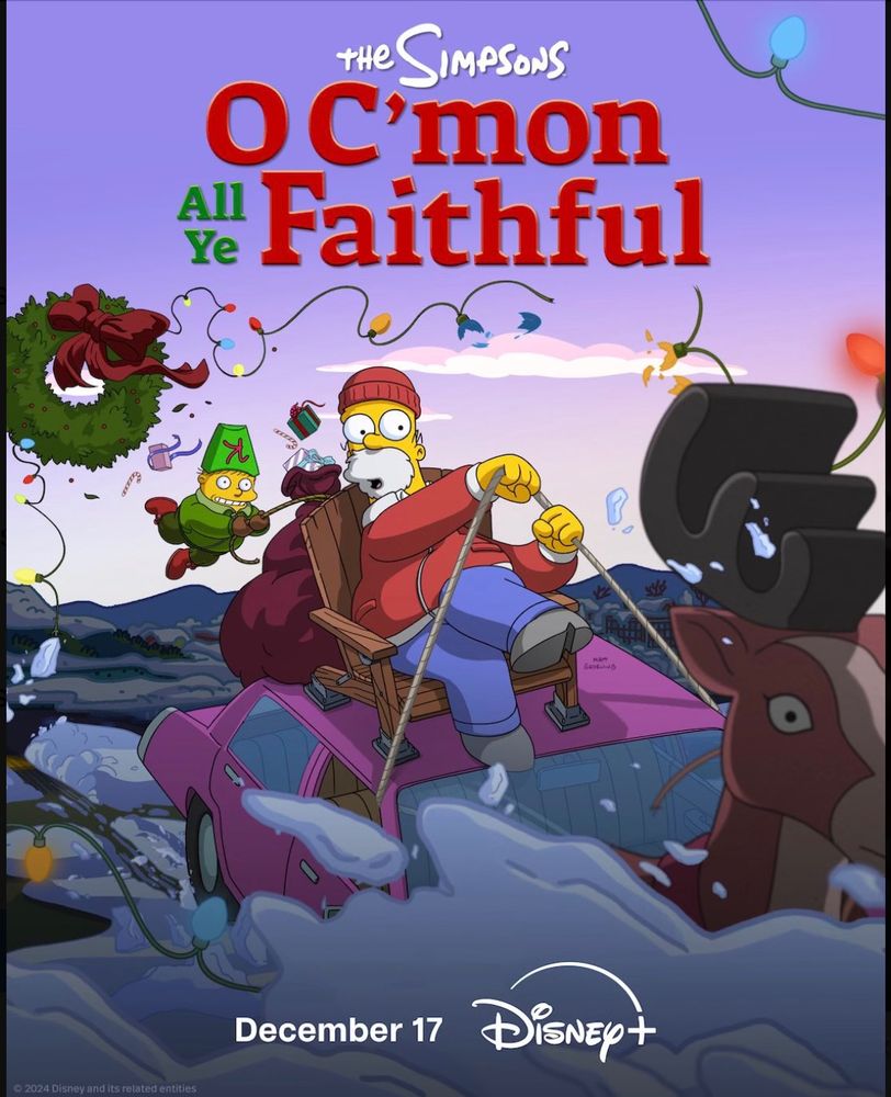 Homer Simpsons rides a car-sleigh through the snow 