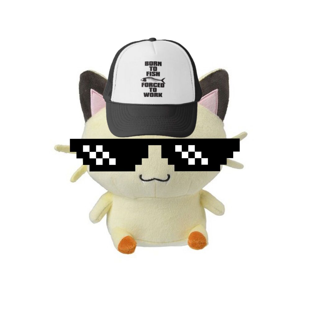 plushie with cool glasses and a hat that says "born to fish, forced to work"