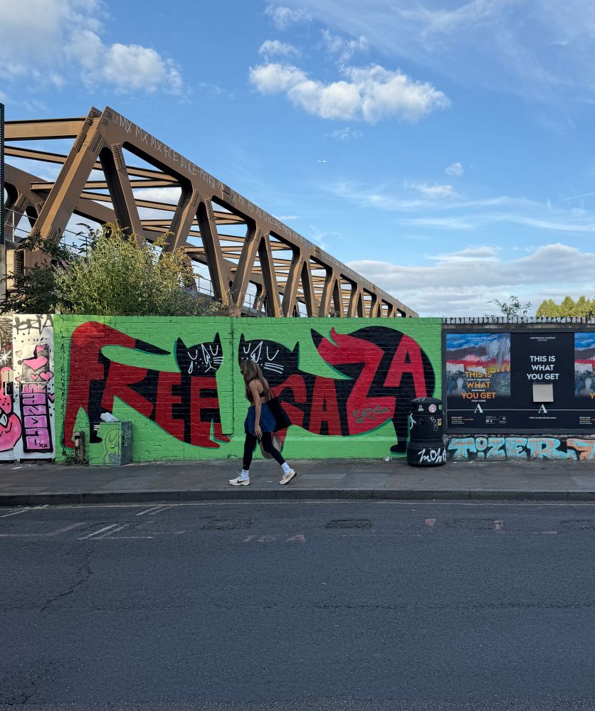 A wall, approximately two metres high, on a street near Shoreditch  train station. Part of the wall has been painted lime green and on top of the green are two stylised black cats, facing each other. Red lettering fills the outlines of each black cat’s body. One says FREE and the other says GAZA.
The same artist has painted this on other streets with different colour combinations. 