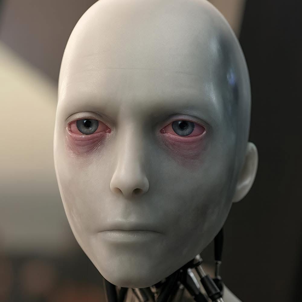 Ein künstlich wirkender humanoider Roboter mit glatter, heller Gesichtshaut und stark geröteten, müde wirkenden Augenringen blickt erschöpft und ausdruckslos nach vorn. Feine mechanische Bauteile sind am Halsansatz sichtbar, der Hintergrund ist unscharf und dunkel gehalten.