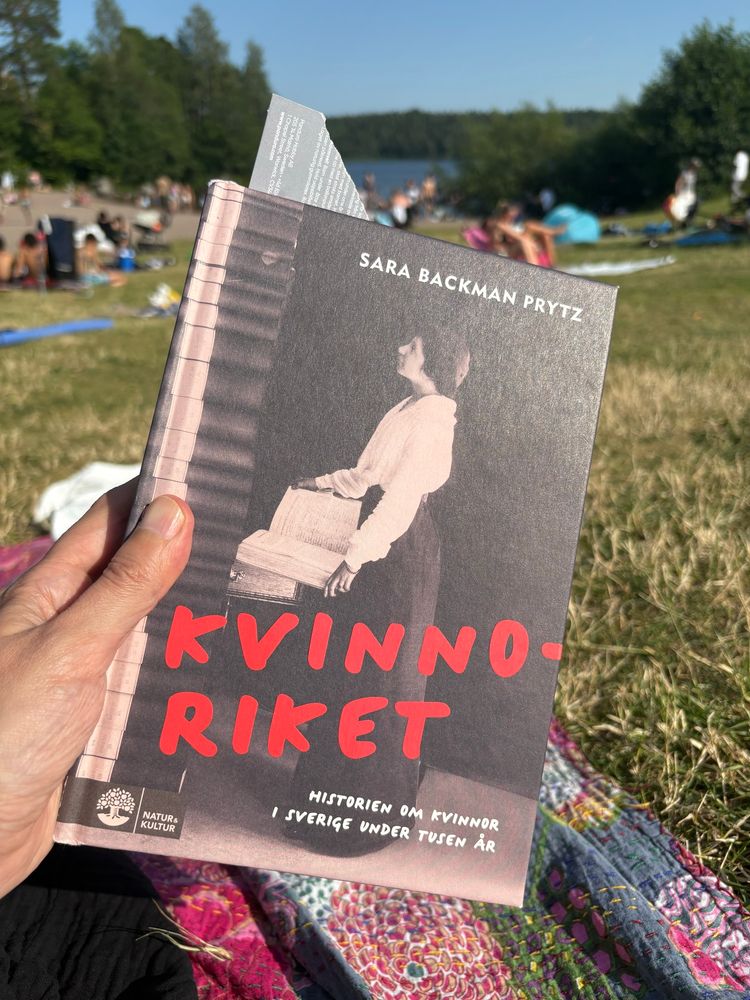 En hand som håller upp en bok. Titeln är KVINNORIKET - historien om kvinnor i Sverige under tusen år

Författare Sara Backman Prytz 
