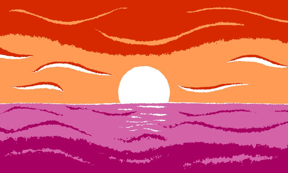 A digital drawing of the sun setting over the ocean, composed in the colors of the orange-pink lesbian flag. The sky is split in dark and light orange, with thin wavy clouds strewn horizontally. In the middle, a solid white sun dips slightly below the horizon, over an ocean in shades of pink, flowing with waves matching the clouds above.