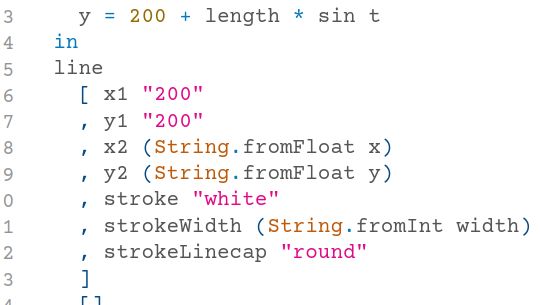 A screenshot of Elm code, showing a list split across multiple lines. The line for each element after the second starts with the comma from the previous one.