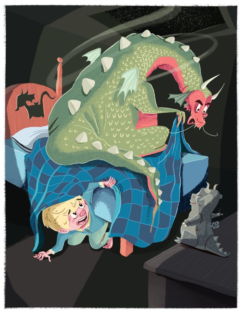Illustration of a kid hiding from a dragon