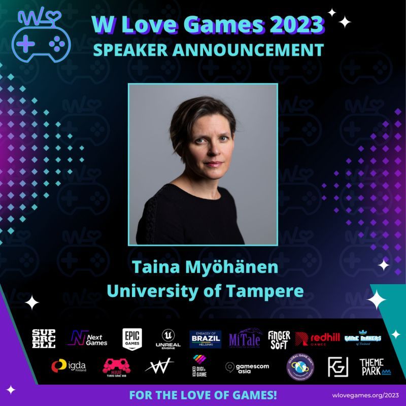 W Love Games 2023 event's speaker announcement, Taina's photo and name on it and a bunch of sponsor logos below.