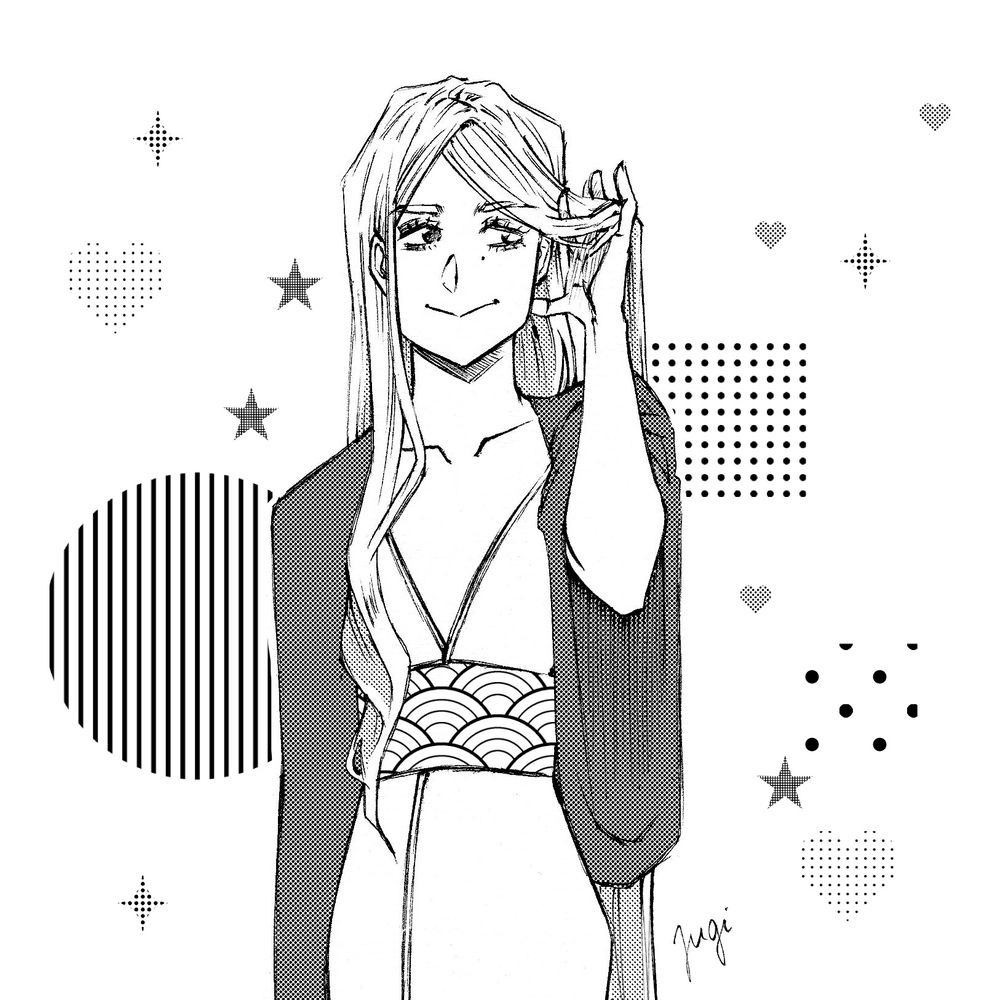 A manga drawing of a woman with long hair, wearing an outfit inspired by traditional japanese kimonos. With one hand she brushes her hair out of the face. The background features various patterns, including hearts and stars, adding a playful touch to the illustration.