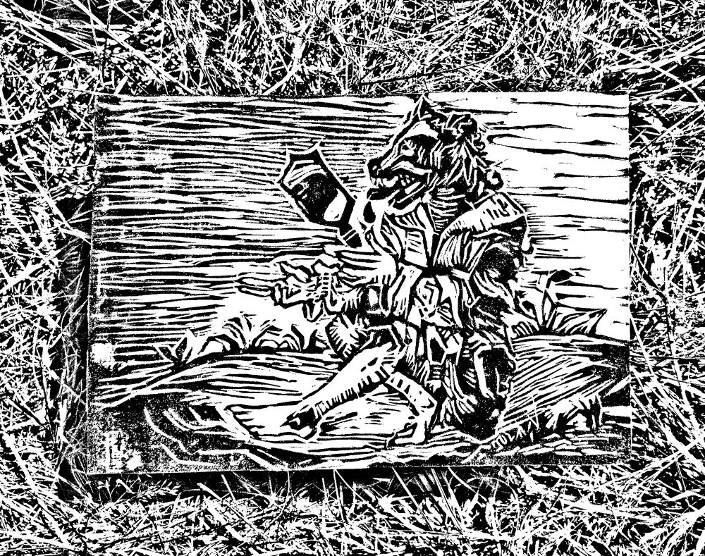black and white scan of cynocephalus print in the grass. Dogheaded being holds up a mirror, drooling, hands extended in gesticulation, communication. 